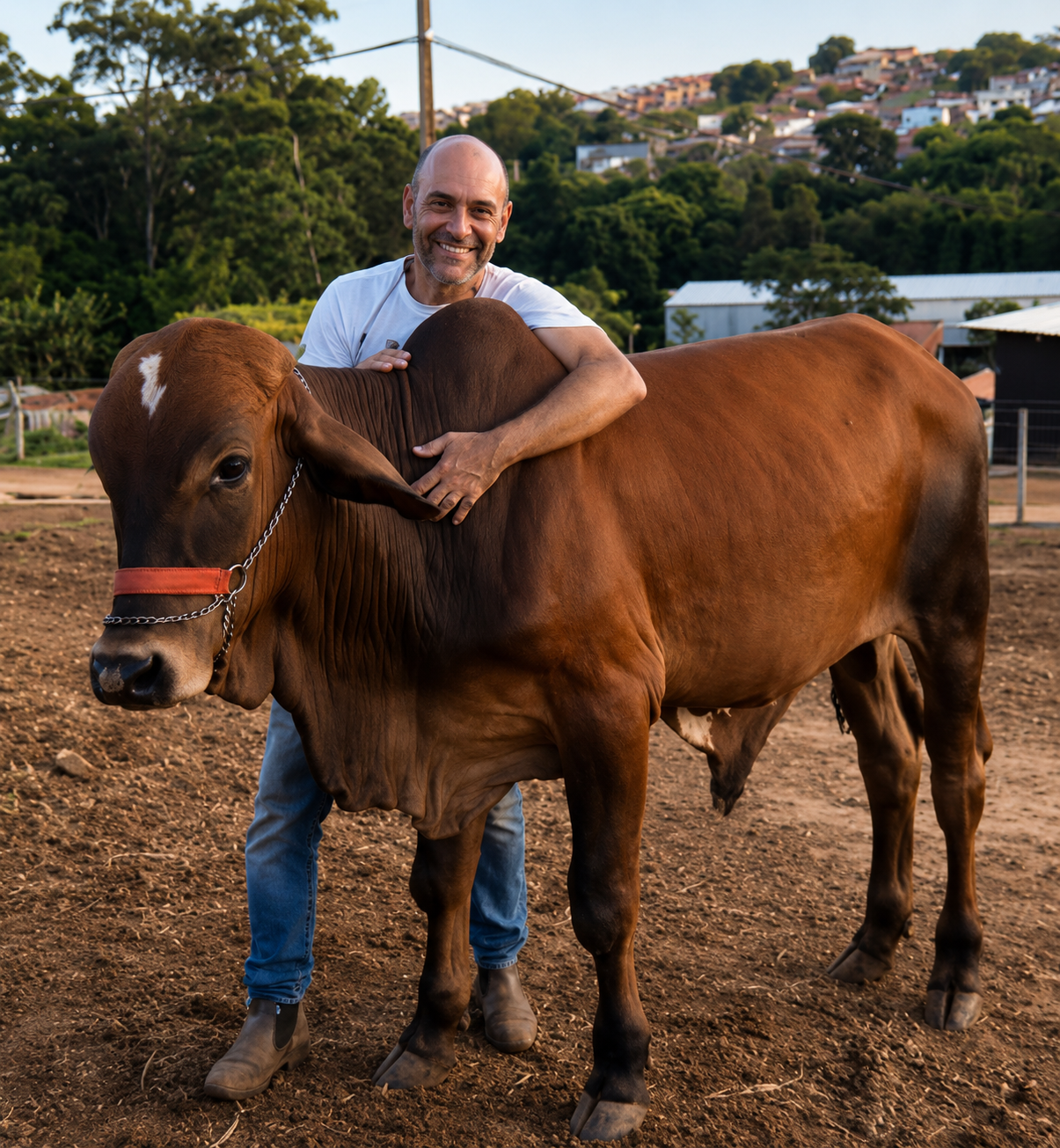Luís abraçando o boi Conhaque