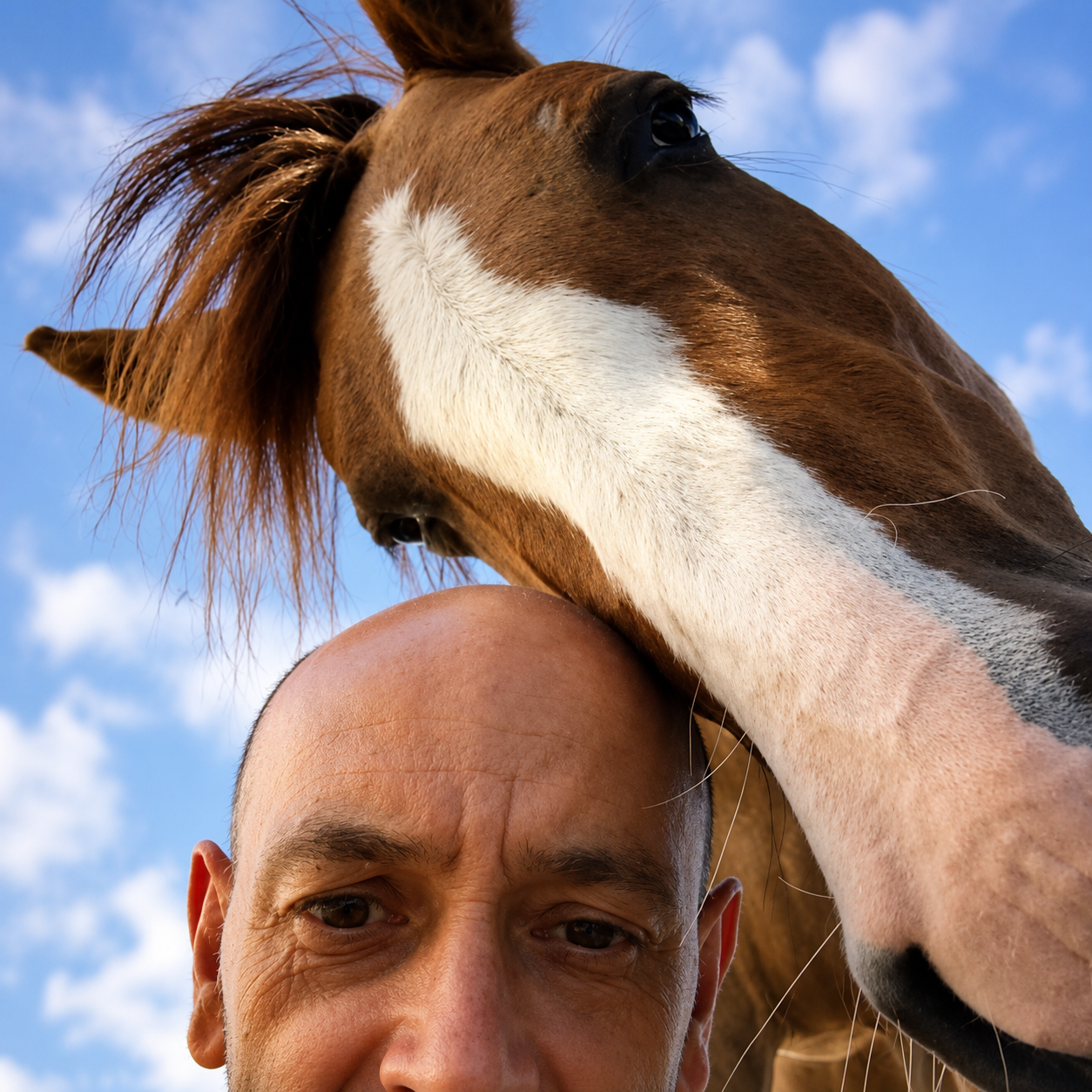 Close de cavalo e Luís em momento de conexão