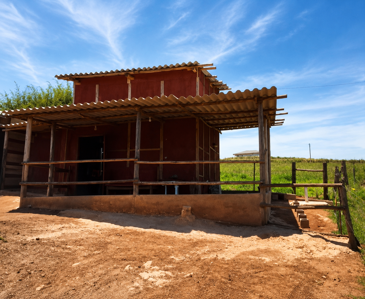 Fachada do chalé durante o dia com varanda e campo ao redor