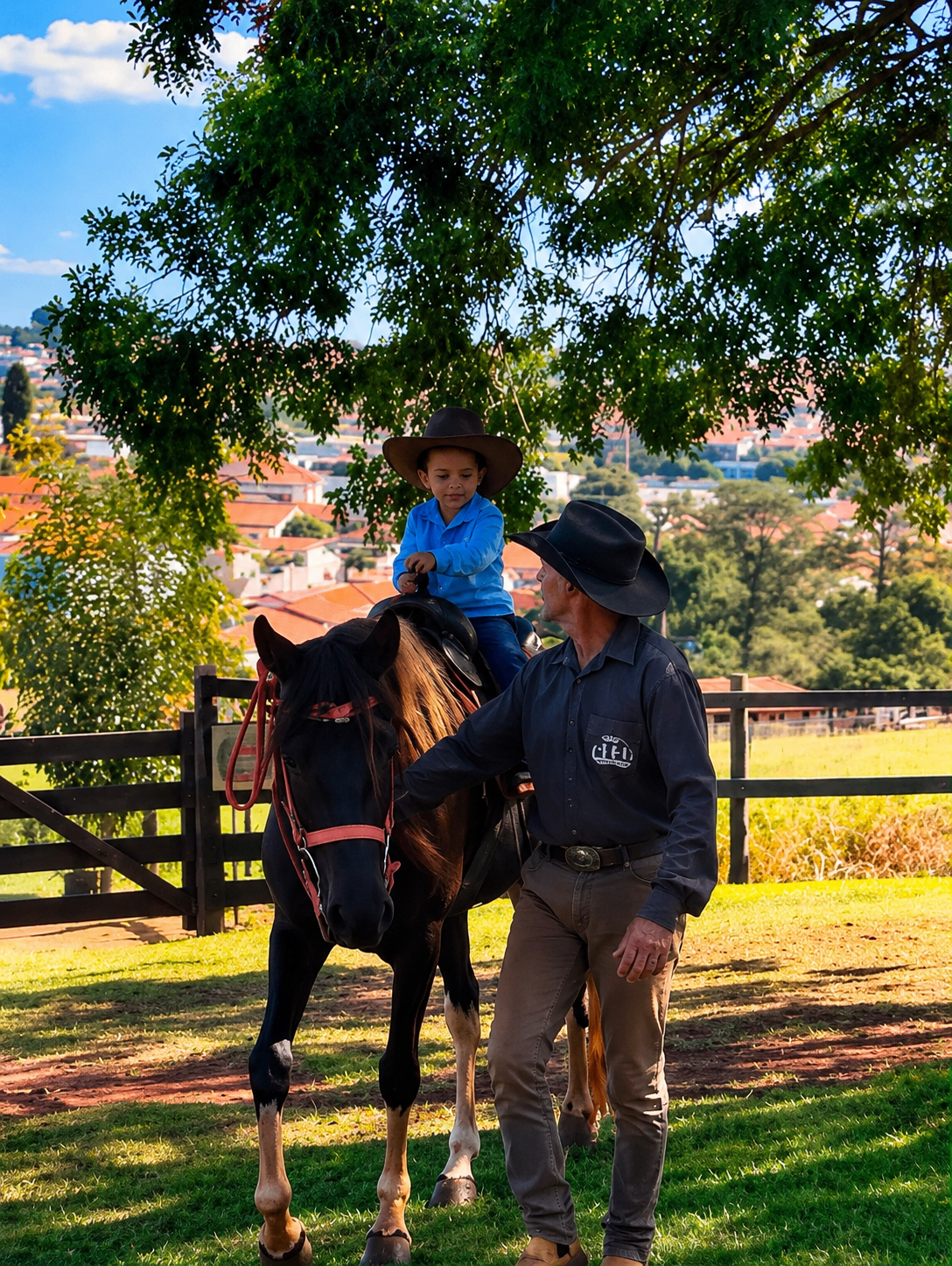 Criança montada em cavalo com acompanhamento